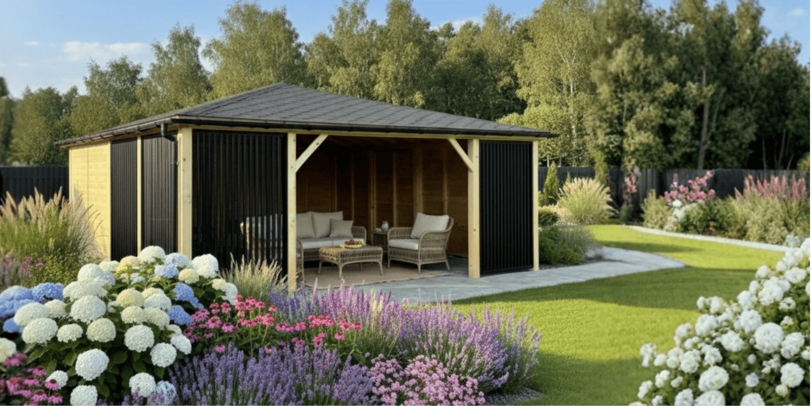 Ogród po realizacji, nowoczesna altana ogrodowa z lamelami